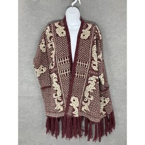 En Creme Fringe Cardigan Open Front Aztec Print Sweater Wool Blend Coat Medium‎